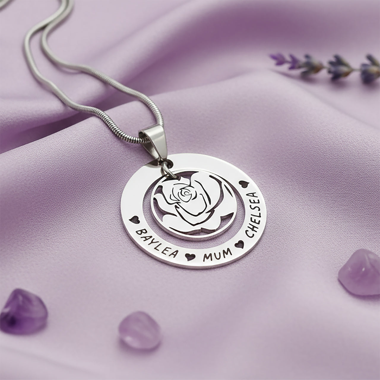 Personalized rose family necklace with engraved family names on satin background, belle fever elegant jewelry gift for mom.