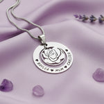 Personalized rose family necklace with engraved family names on satin background, belle fever elegant jewelry gift for mom.