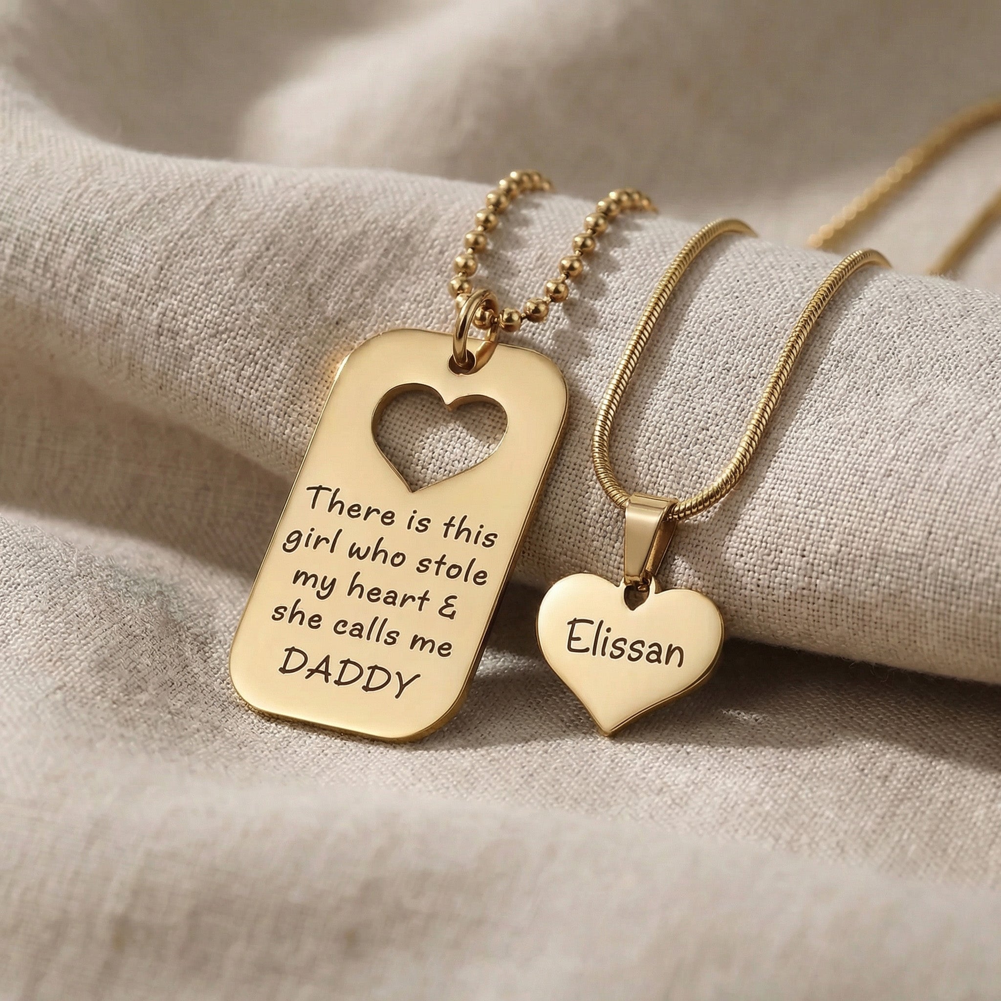 Father & Daughter Necklace Set in gold with engraved message and heart detail, meaningful jewellery piece