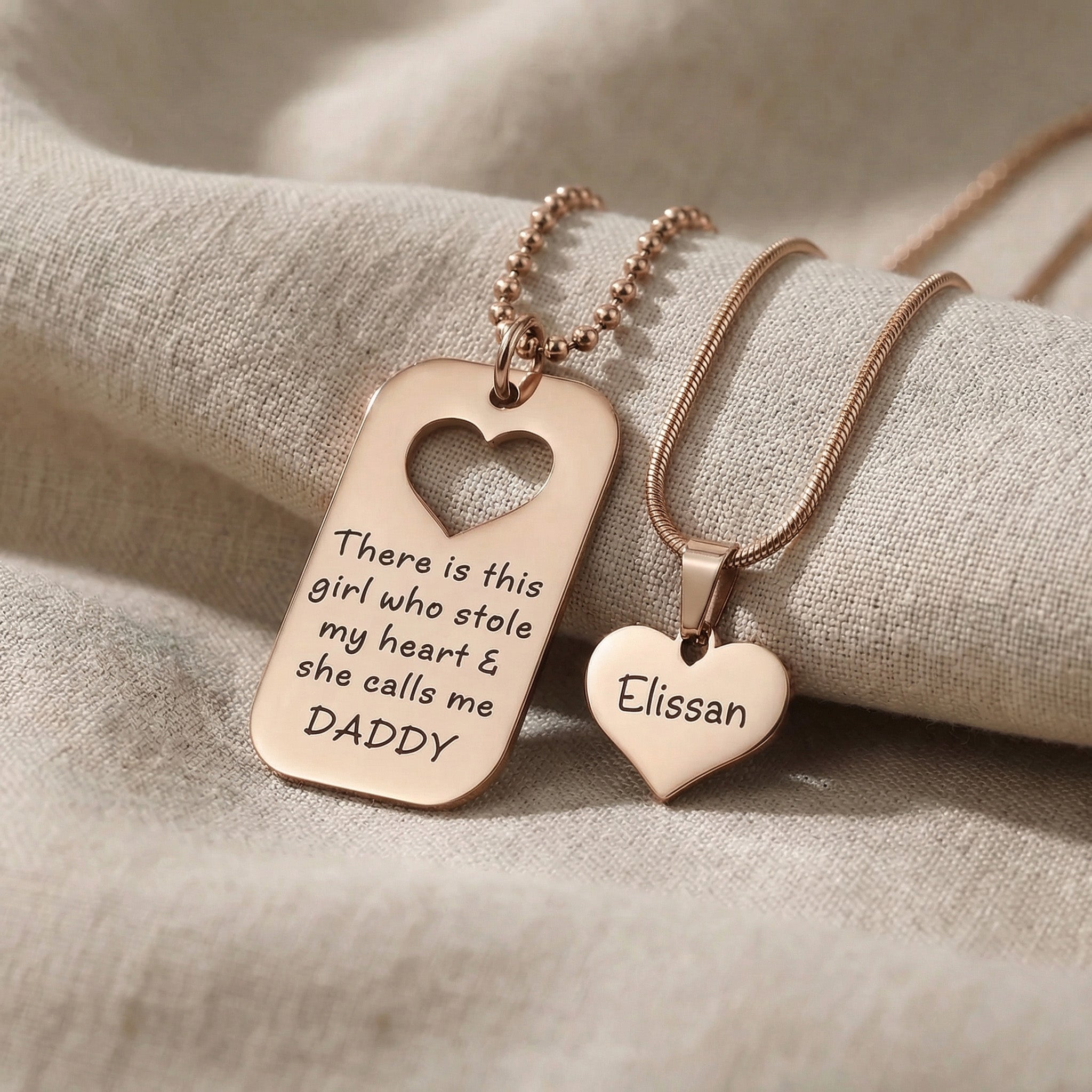 Father & Daughter Necklace Set in rose gold with engraved message and heart cut-out pendant