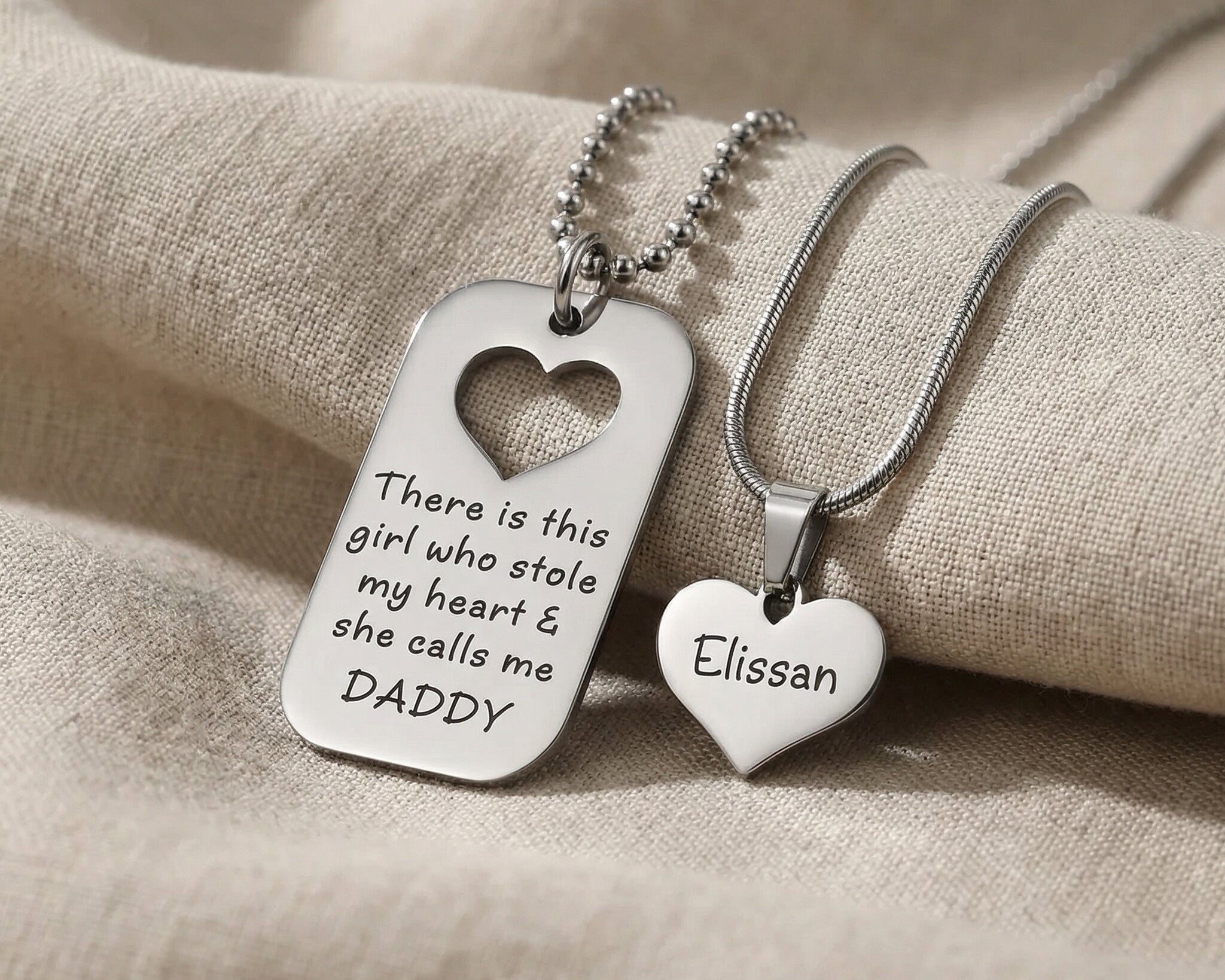 Father & Daughter Necklace Set in silver with engraved message and heart detail, meaningful jewellery gift