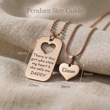 Father & Daughter Necklace Set size guide showing pendant dimensions and chain length details
