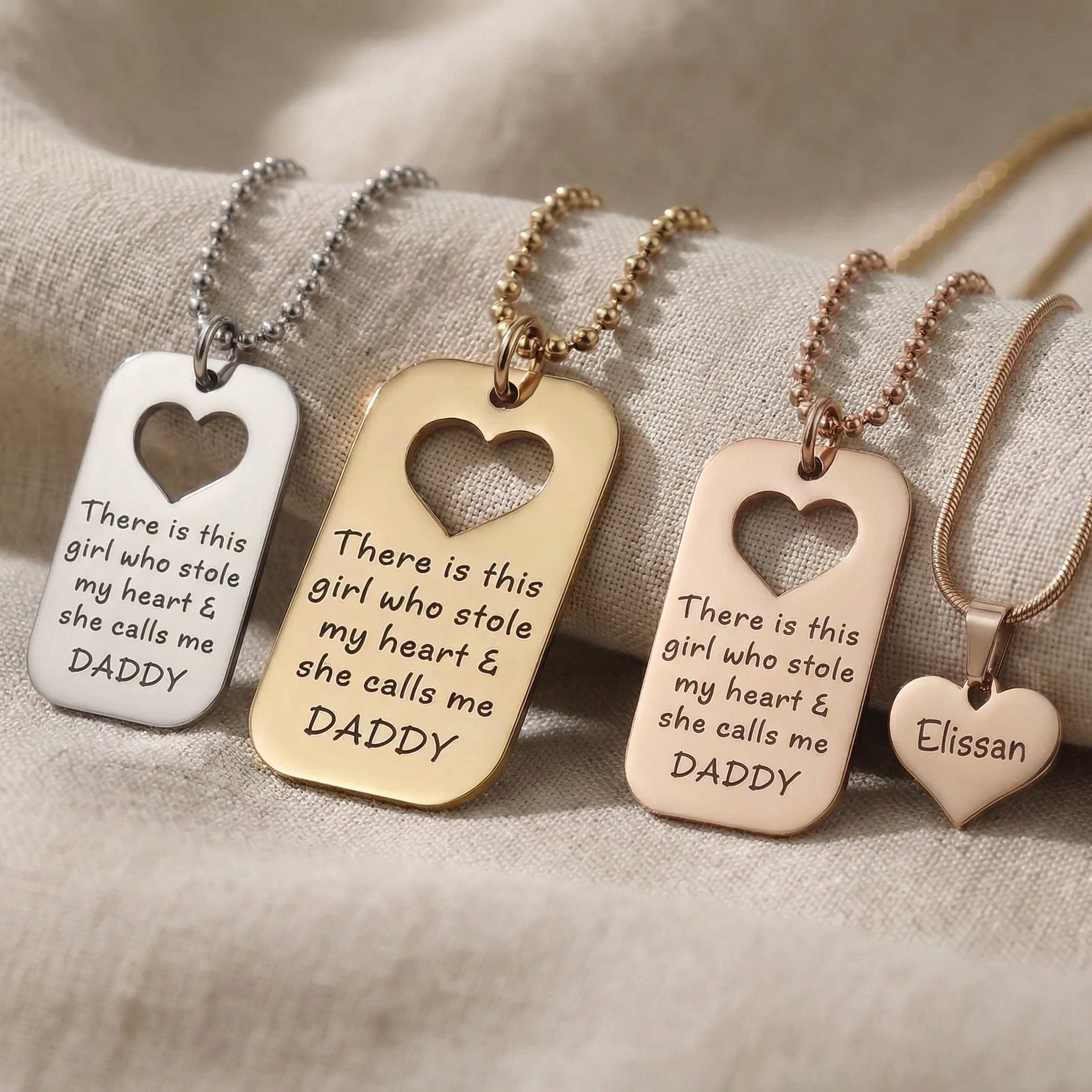 Father & Daughter Necklace Set tone comparison showing gold, silver and rose gold engraved pendants