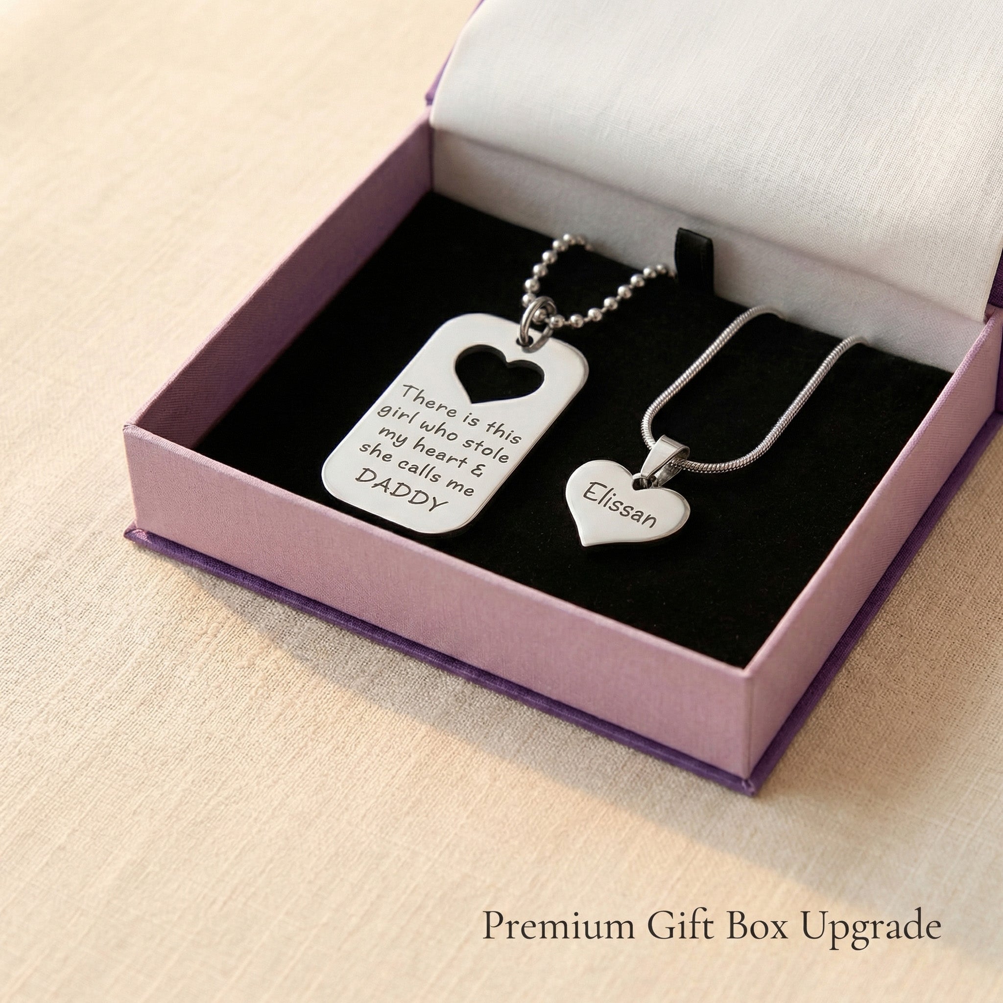 Father & Daughter Necklace Set in premium gift box with engraved pendants, meaningful jewellery gift