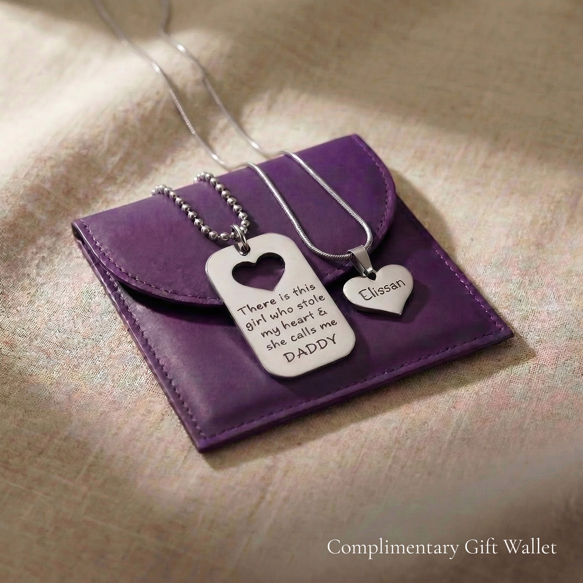 Father & Daughter Necklace Set displayed with gift wallet packaging, matching engraved pendant jewellery gift