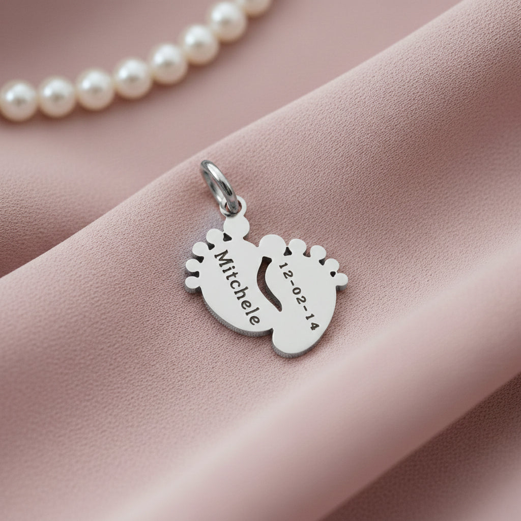belle fever feet charm for keyring in silver, engraved name and date meaningful keepsake for mom