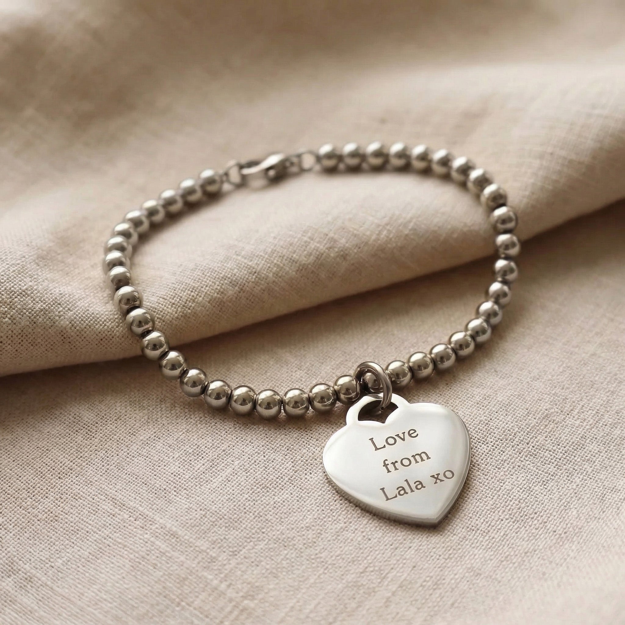 Forever In My Heart Charm Bracelet in silver with engraved heart charm, meaningful personalised jewellery