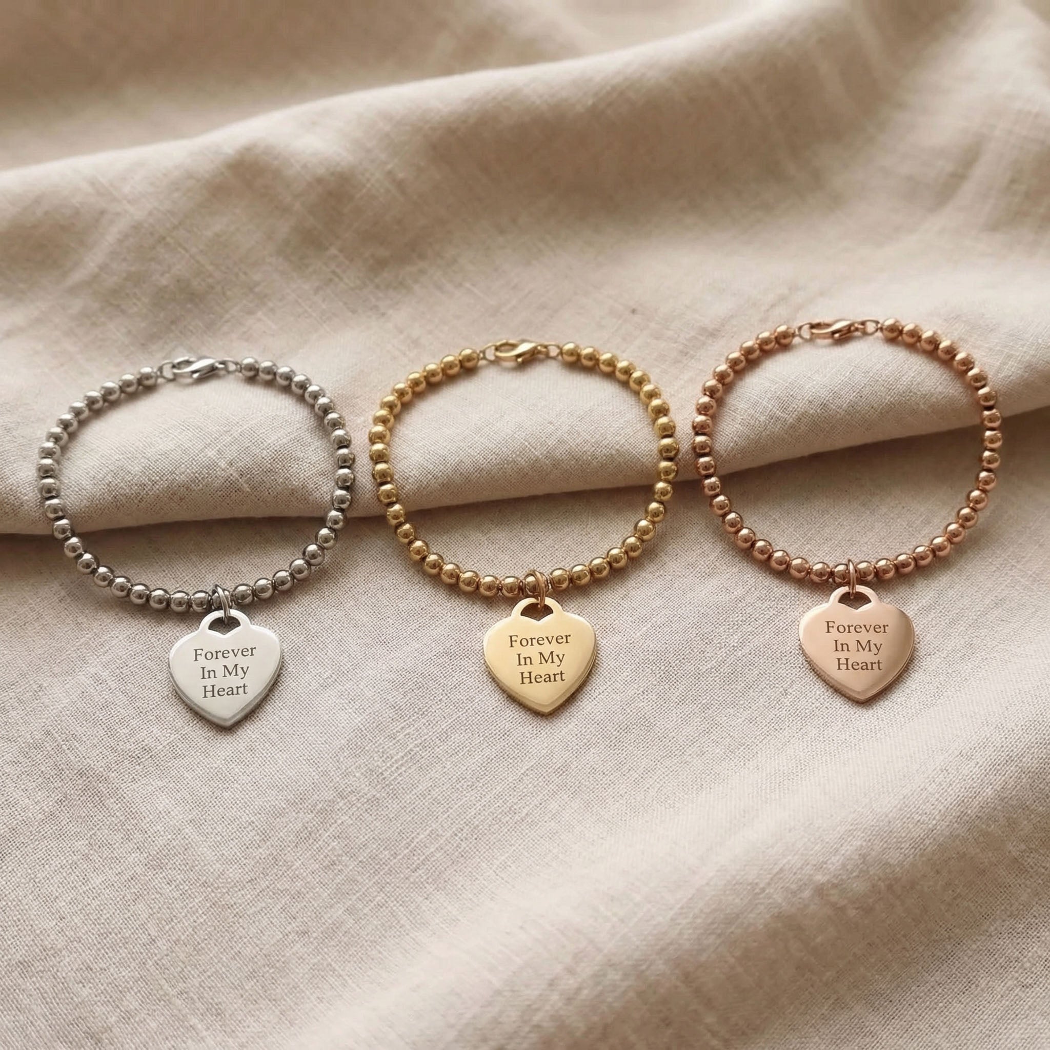 Forever In My Heart Charm Bracelet tone comparison showing gold, silver and rose gold charm bracelets