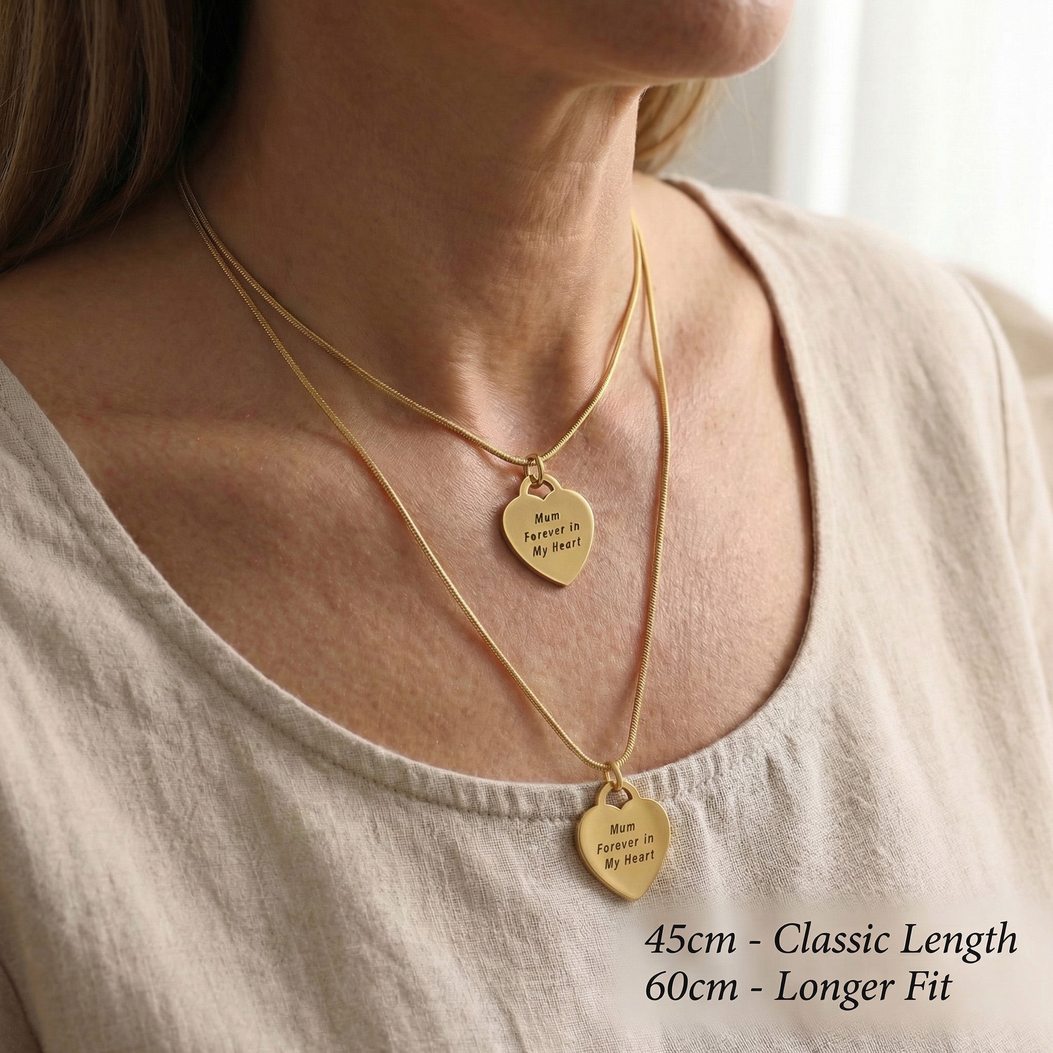 Forever In My Heart Necklace worn showing chain length options for memorial jewellery styling