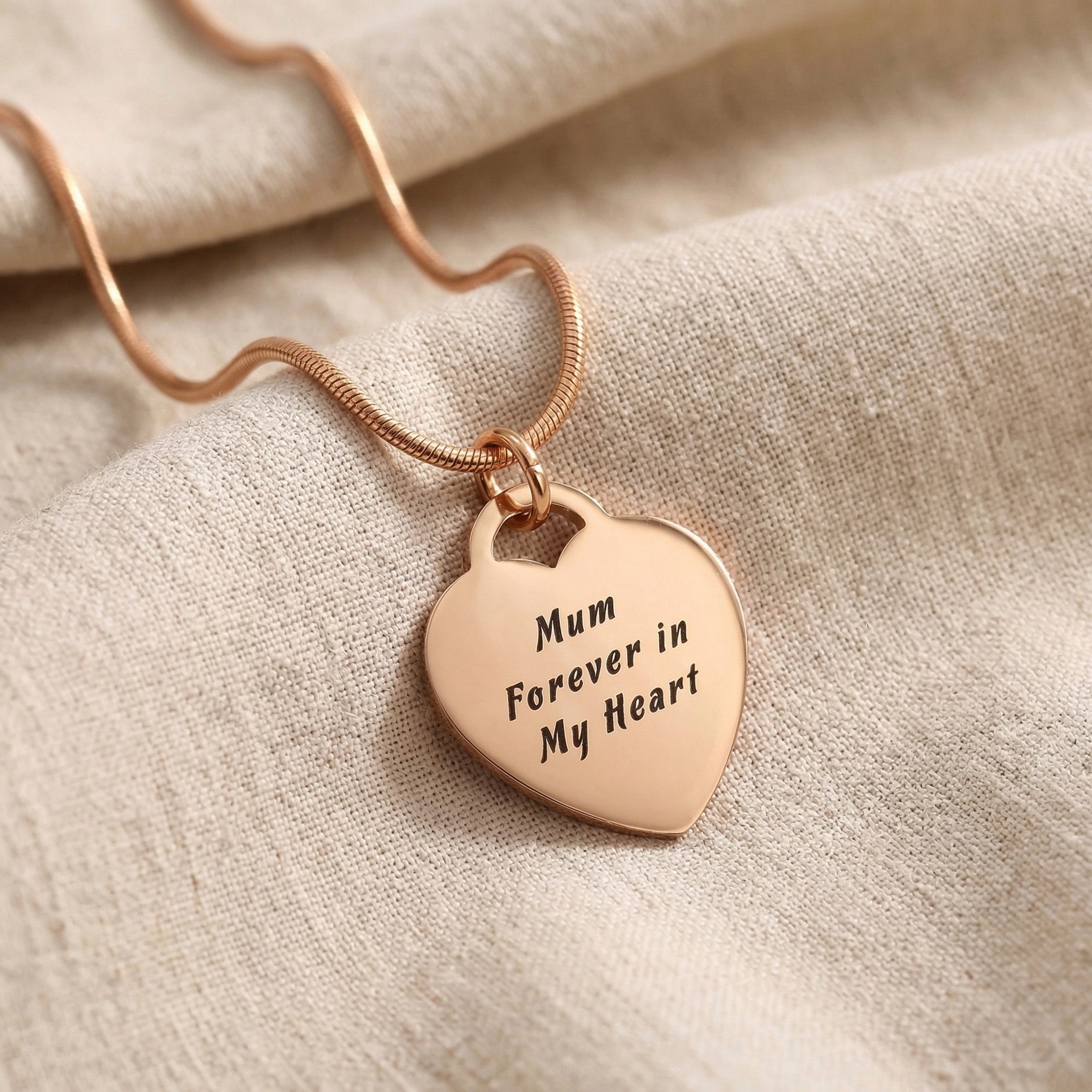 Forever In My Heart Necklace in rose gold with engraved heart pendant, personalised jewellery piece