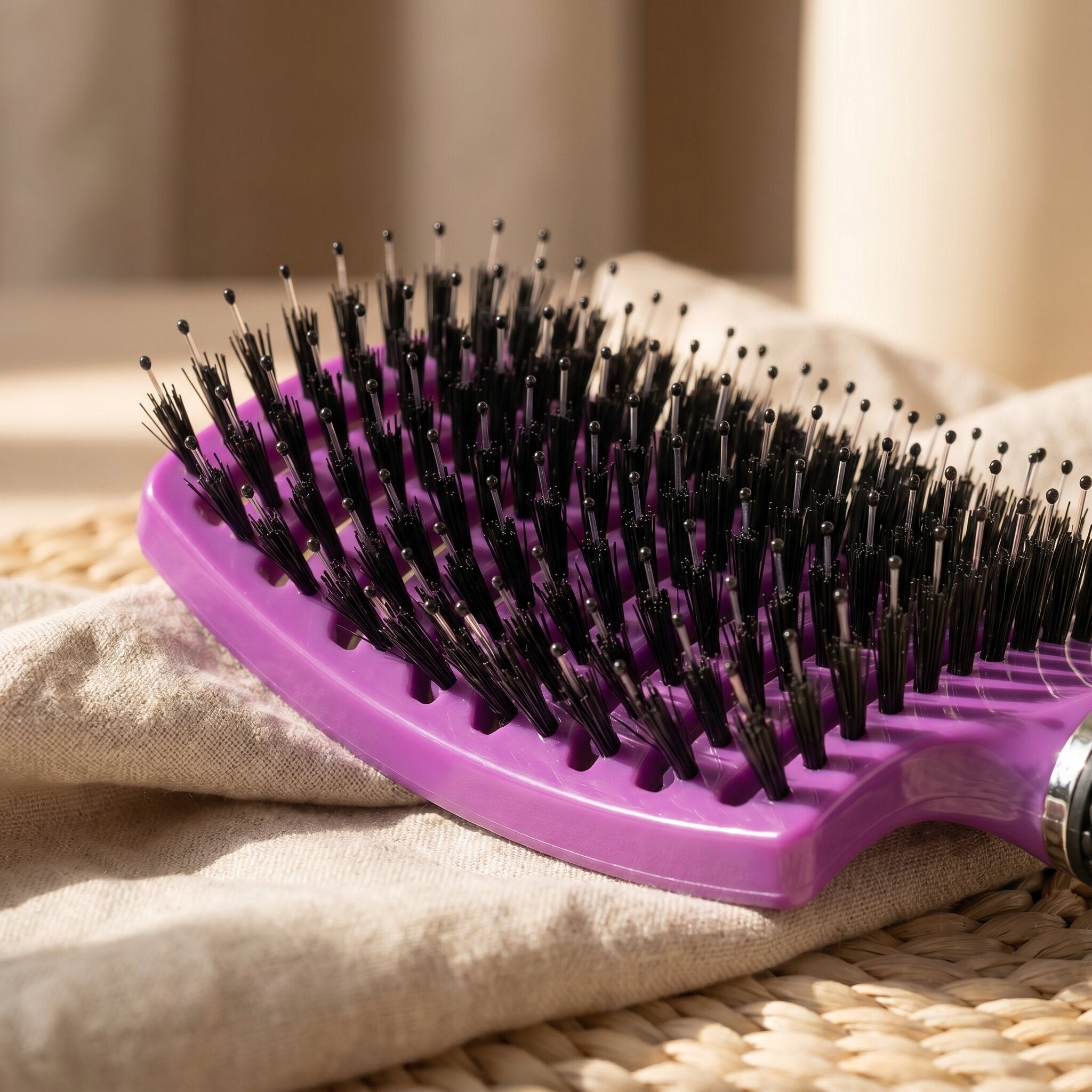 Detangling hair brush close-up showing flexible bristles for gentle brushing and reducing hair breakage