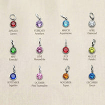Birthstone color chart showing available gemstone options for necklace and keyring customization