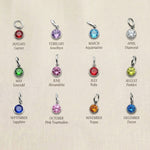 Birthstone color chart showing available gemstone options for personalized Kids Love Tag Keyring 