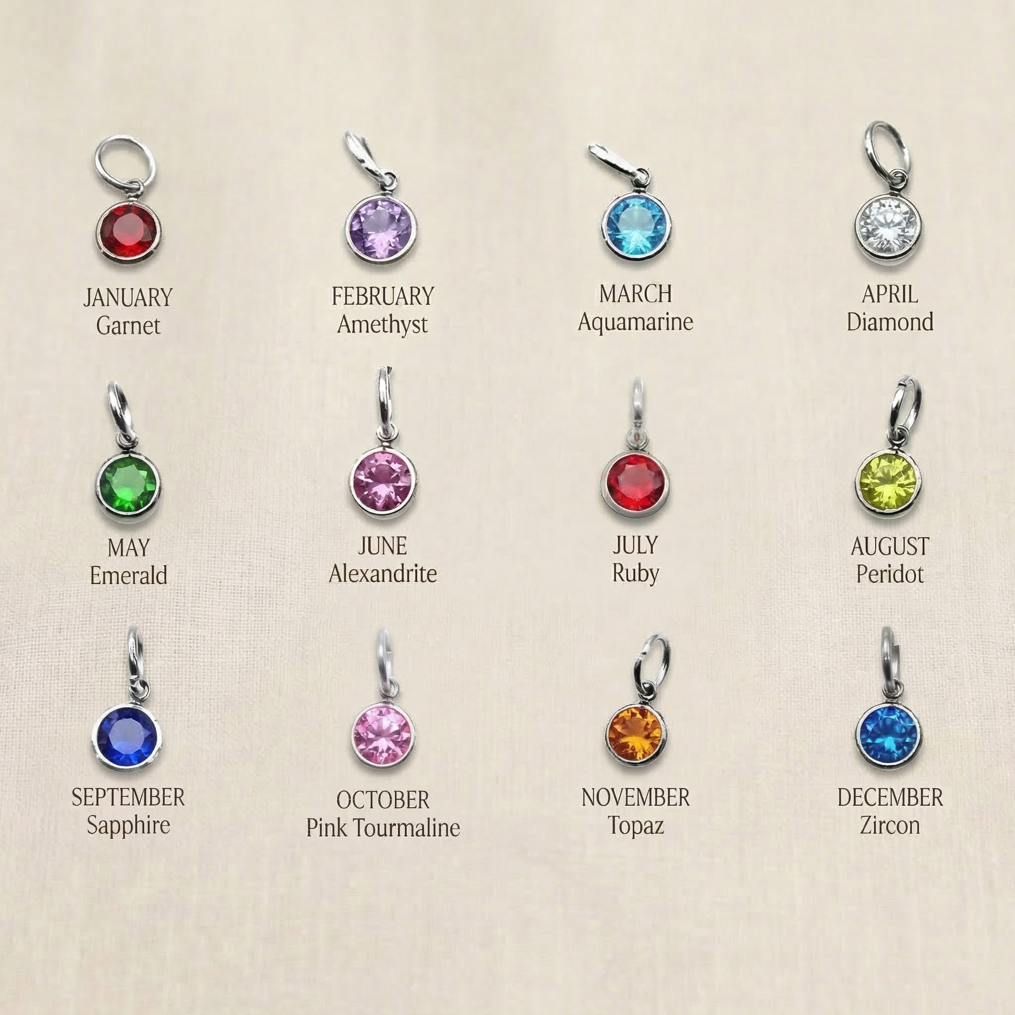 Birthstone color chart showing available gemstone options for personalized Kids Love Tag Keyring 