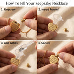 Instructions showing how to fill heart cremation necklace urn pendant with ashes