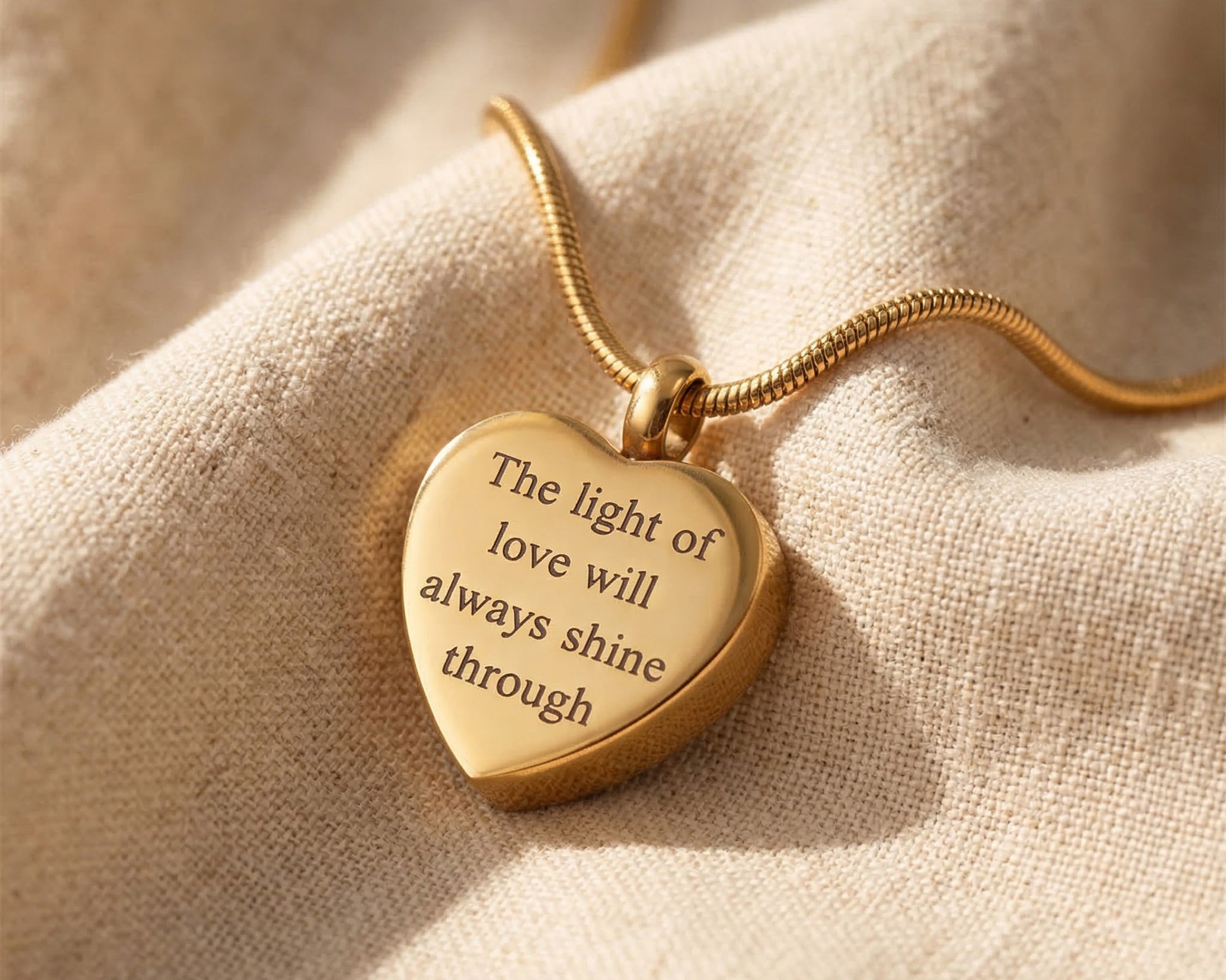Heart Cremation Necklace in gold with engraved message, memorial keepsake jewellery