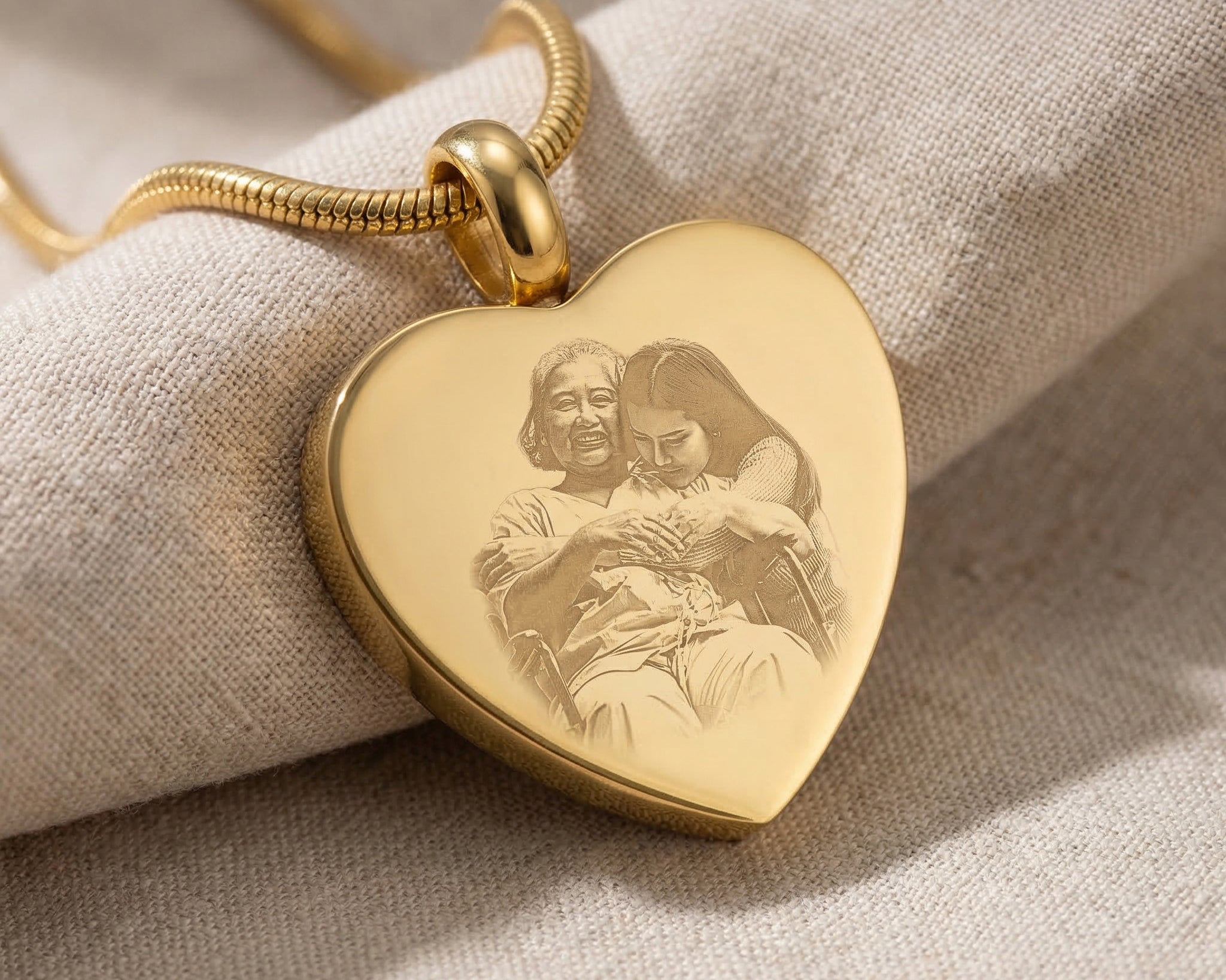 Heart Cremation Necklace showing engraved photo option on heart pendant