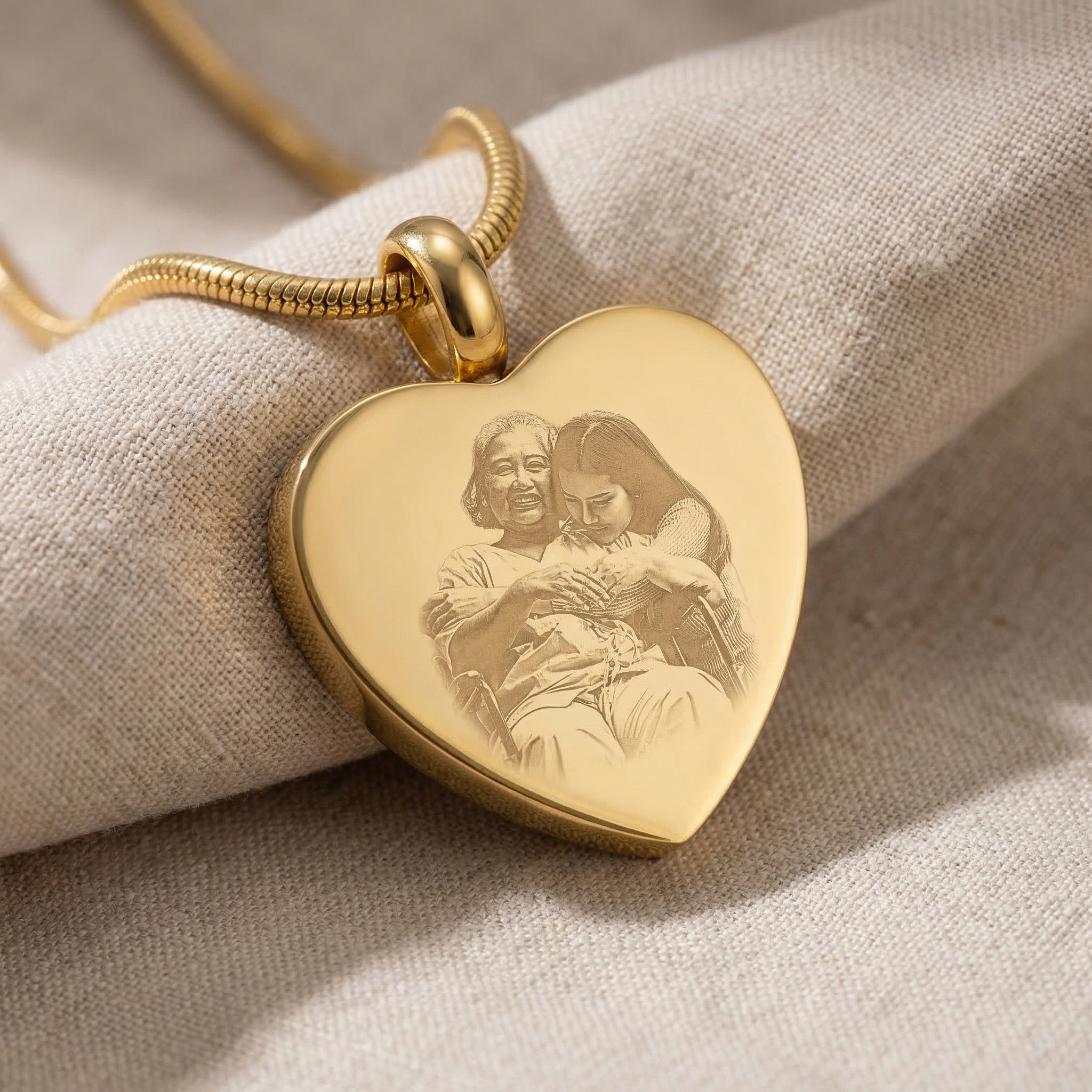 Heart Cremation Necklace showing engraved photo option on heart pendant