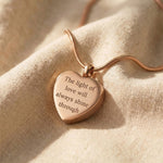 Heart Cremation Necklace in rose gold with engraved message, memorial jewellery piece