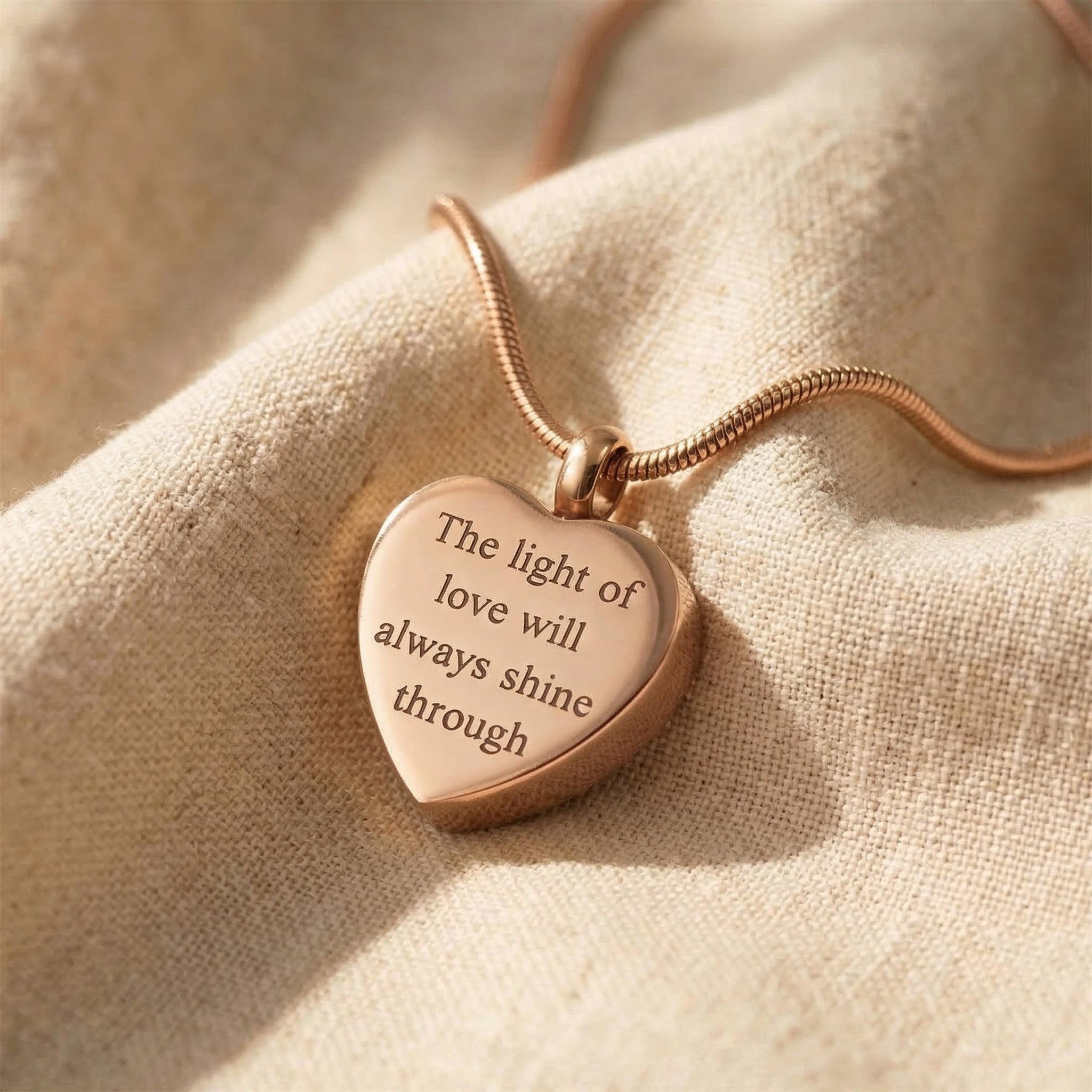 Heart Cremation Necklace in rose gold with engraved message, memorial jewellery piece