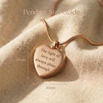 Heart Cremation Necklace size guide showing pendant dimensions and chain length details
