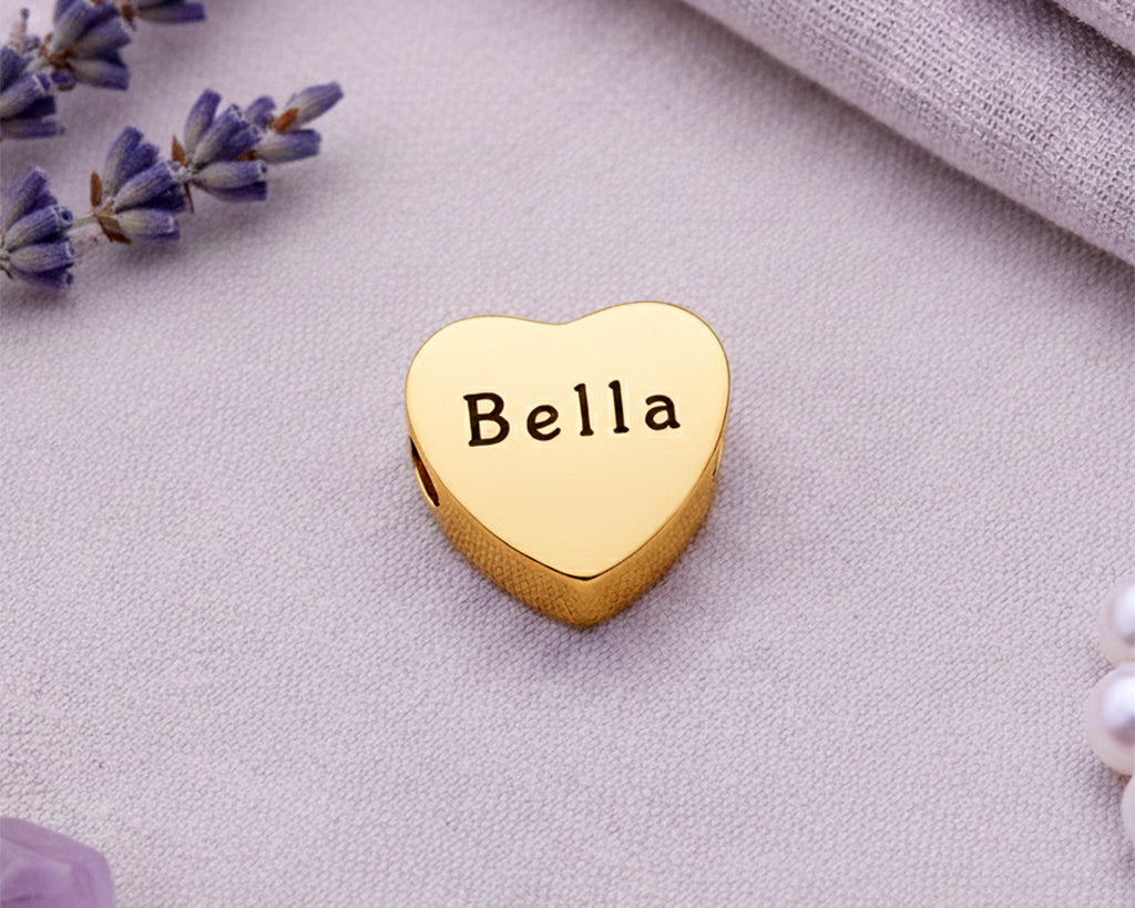 belle fever gold engraved heart charm for Moments bracelet, custom name bead designed to fit European style jewelry