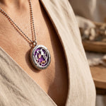 Woman wearing perfume locket necklace, personalised scent jewellery, gift for her