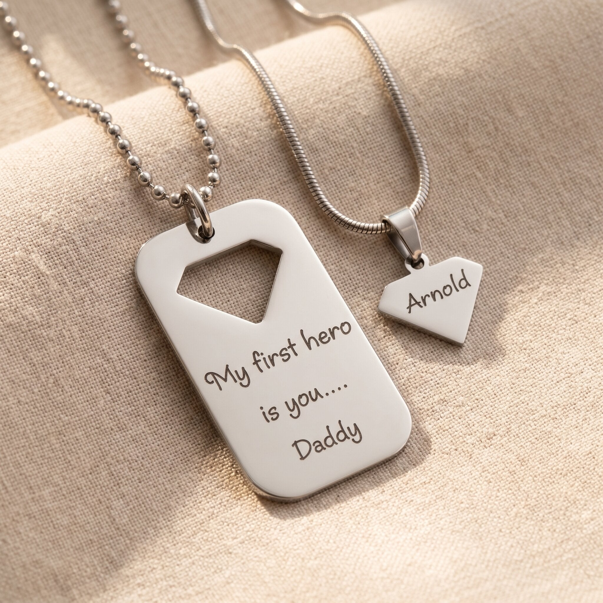 Heroic man dog tag necklace in silver with engraved message, personalised memorial keepsake jewellery