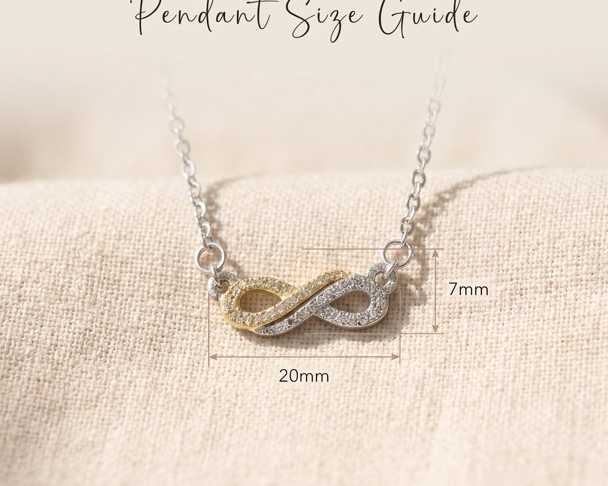 Highs and lows necklace size guide showing pendant design and chain length detail