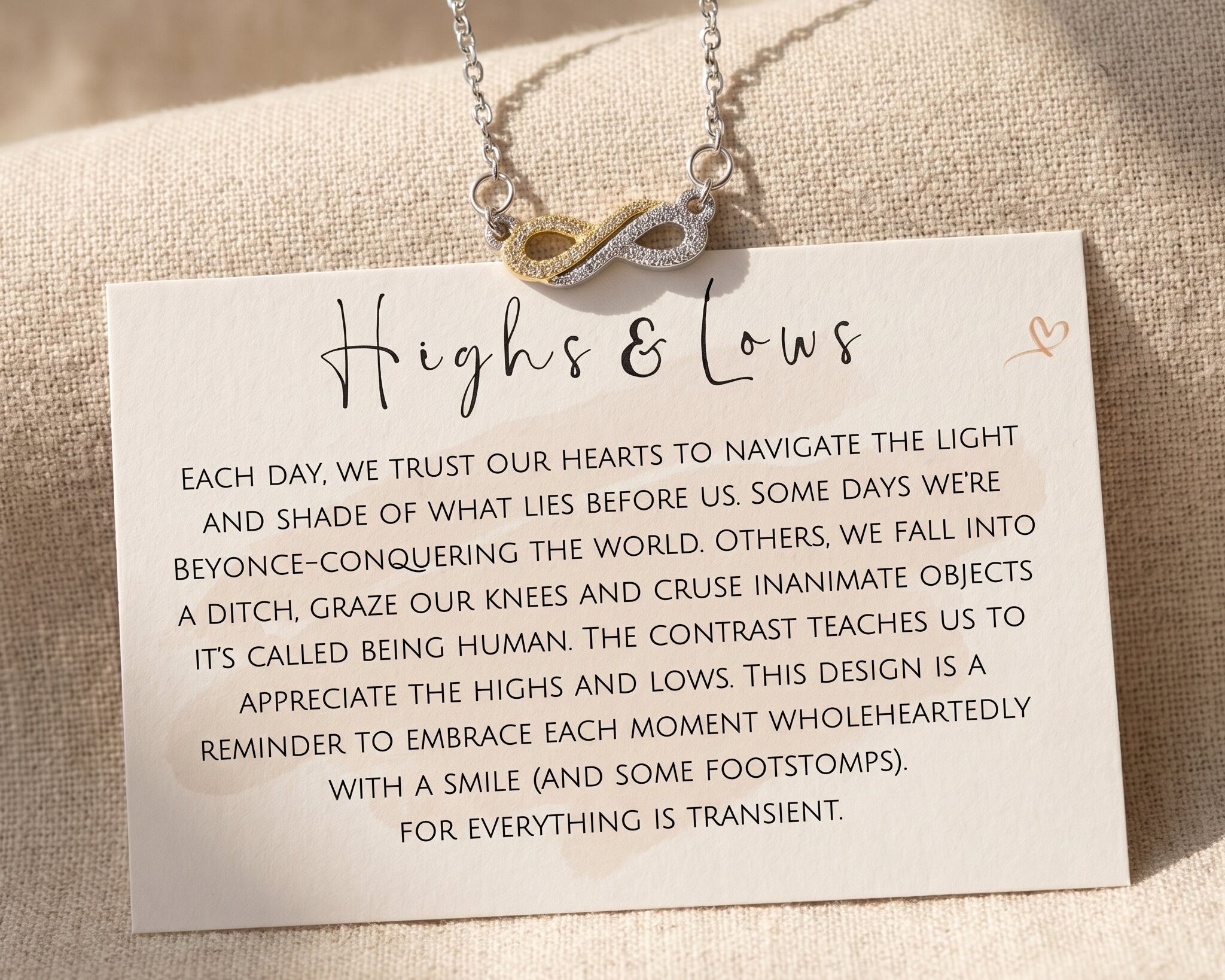 Highs and lows necklace with message card, meaningful relationship keepsake jewellery gift