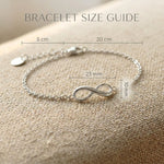 Size guide showing adjustable length of infinity bracelet and anklet