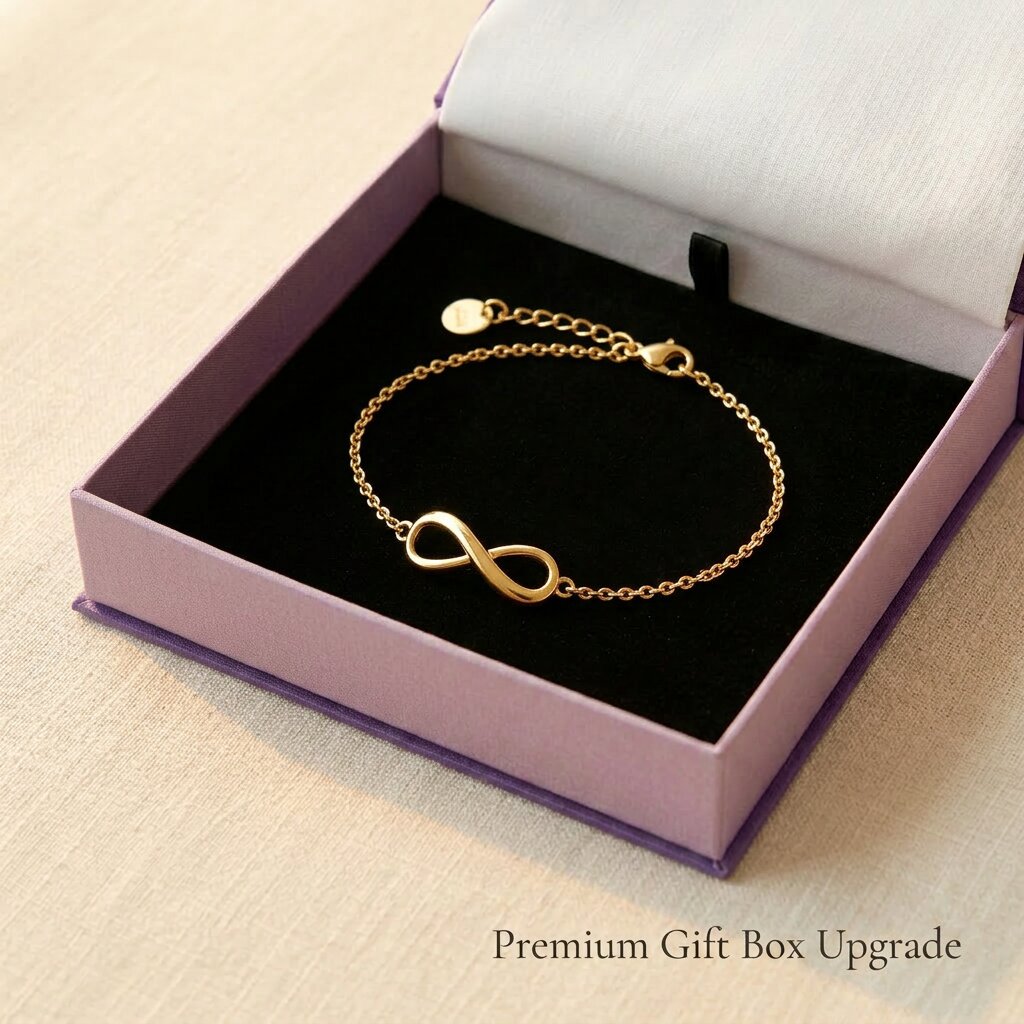 Infinity bracelet or anklet displayed with jewelry gift wallet packaging