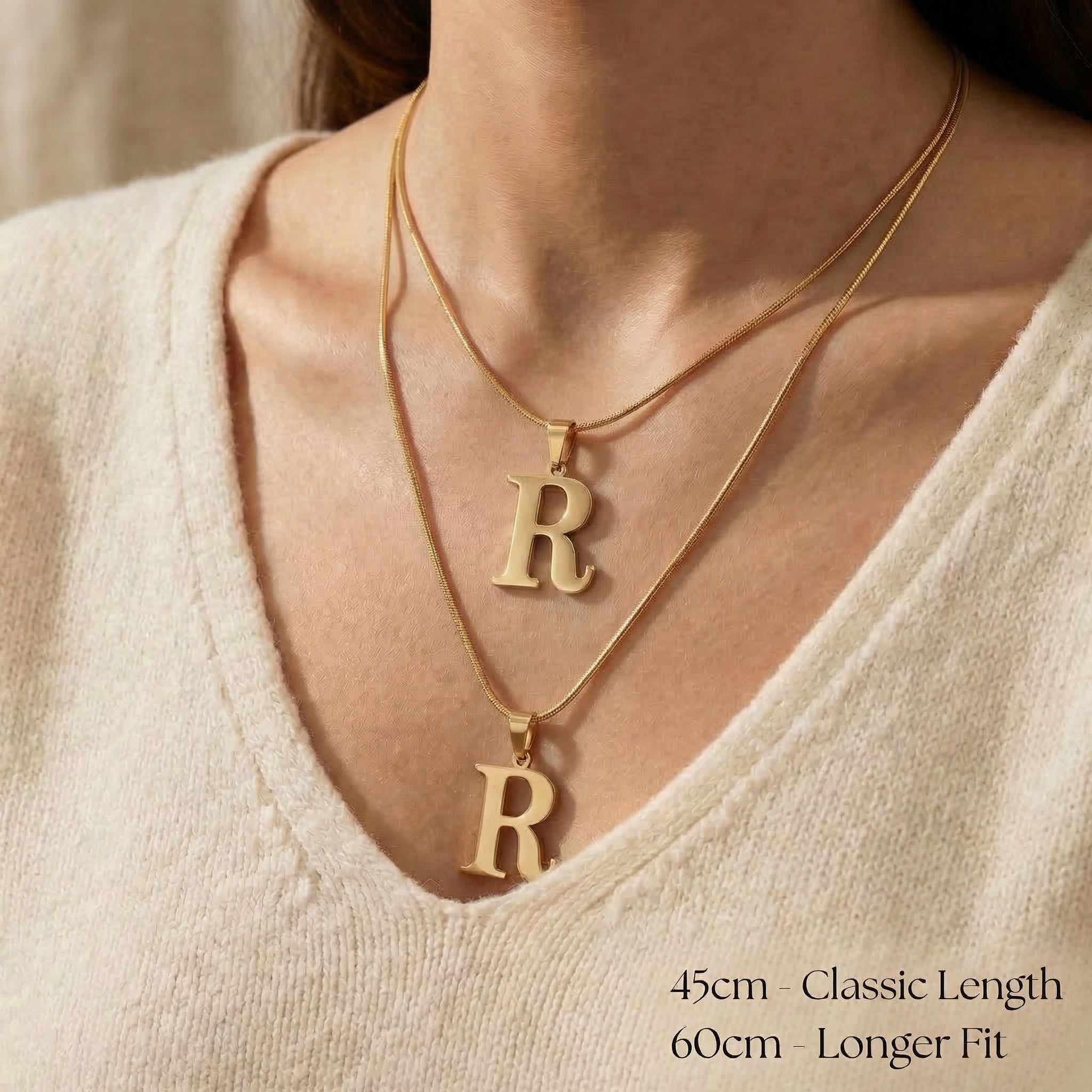 Initial Necklace worn showing chain length options for personalised jewellery styling