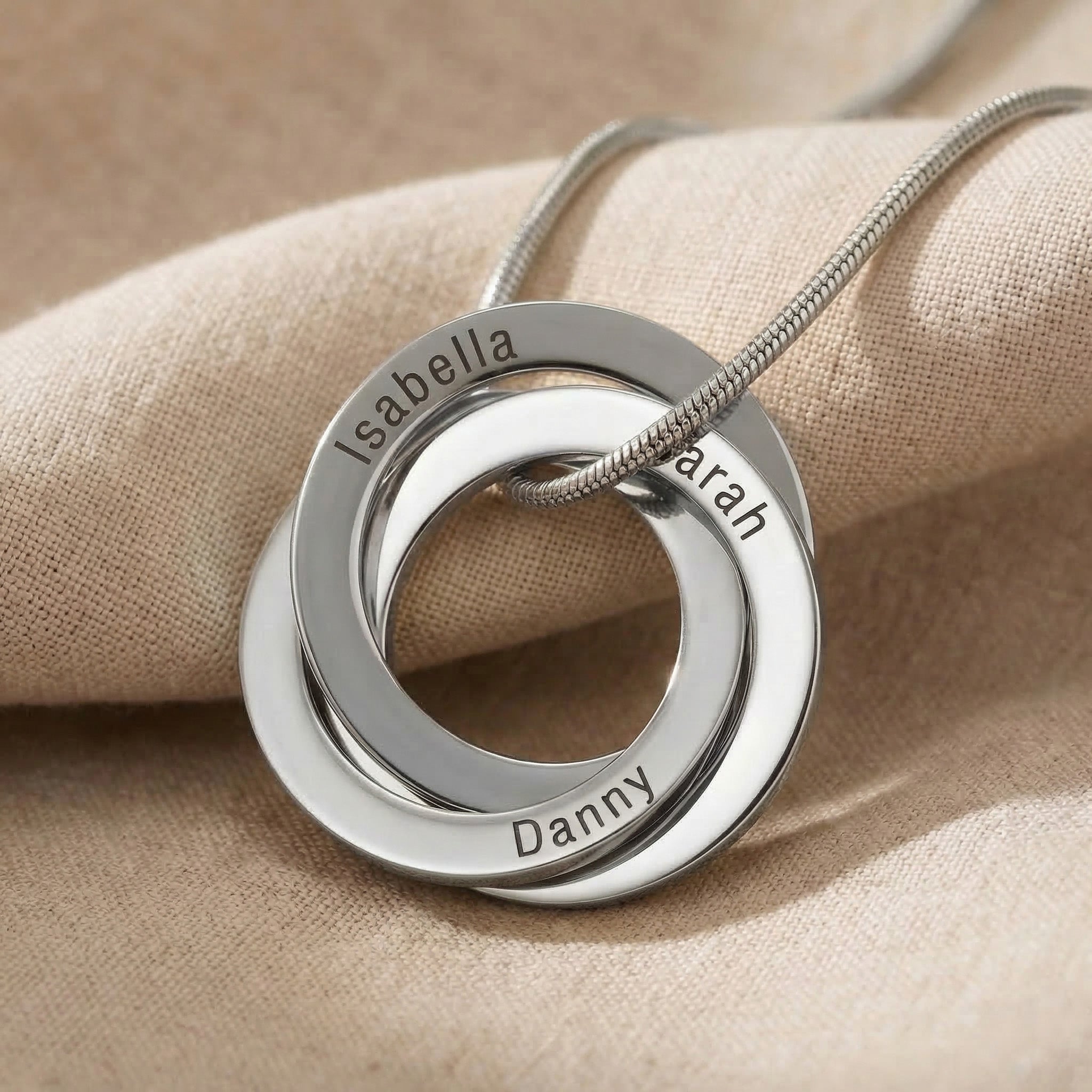 Interlinked Love Ring Necklace in silver with interlocking rings, minimalist personalised jewellery