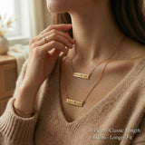 Jess Bar Necklace worn showing chain length options for personalised name jewellery styling