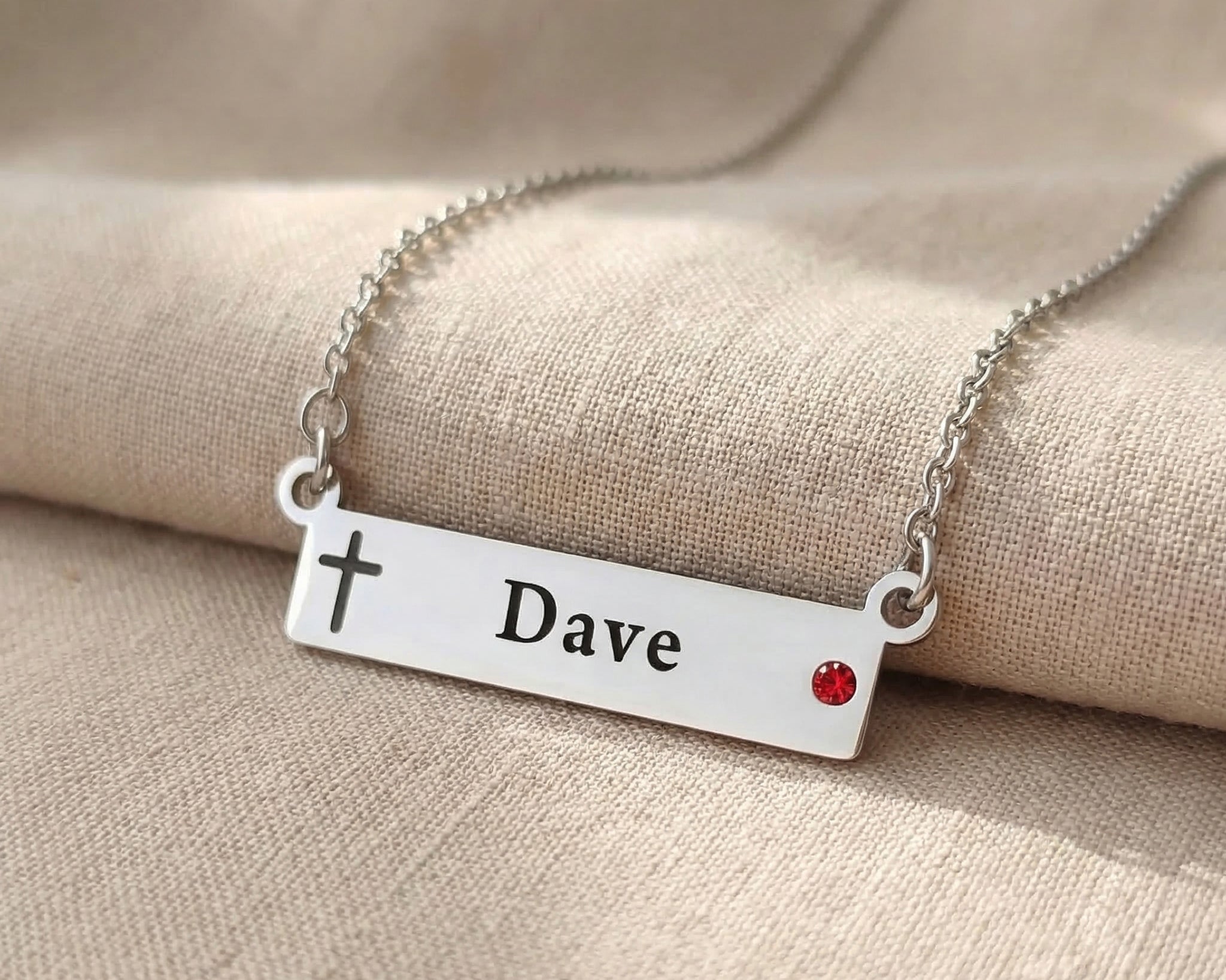 Jess Bar Necklace engraving options showing custom names, cross symbols and birthstone 