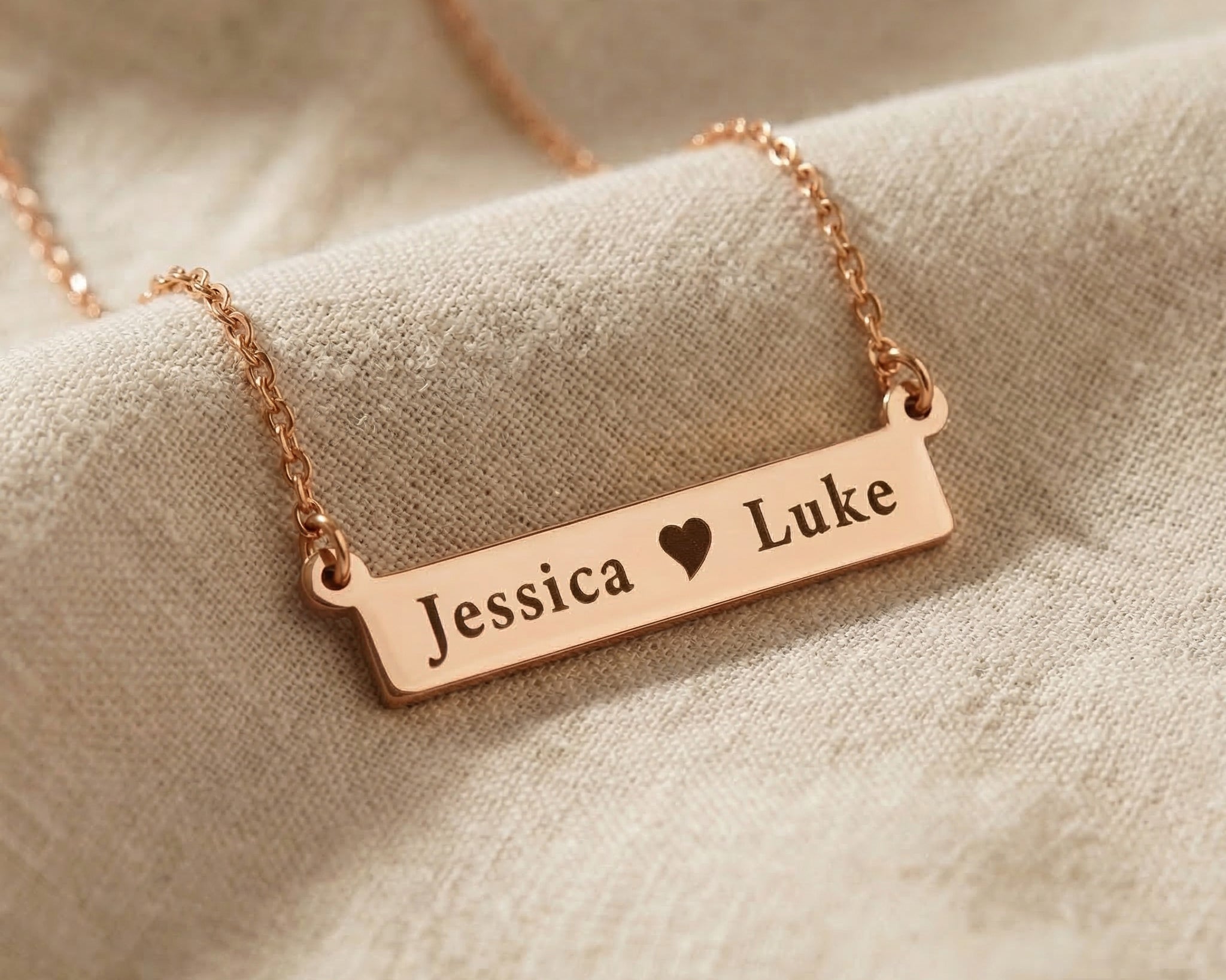 Jess Bar Necklace in rose gold with engraved name bar, personalised jewellery piece