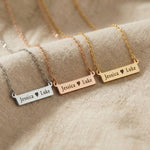 Jess Bar Necklace tone comparison showing gold, silver and rose gold personalised name bar necklaces