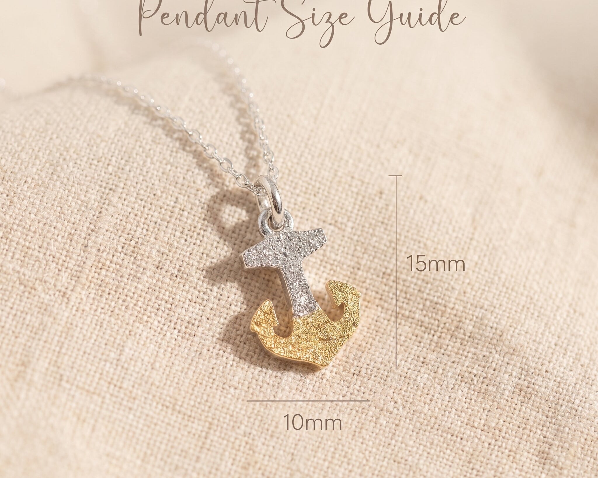 Keep me grounded necklace size guide showing anchor pendant dimensions and chain length