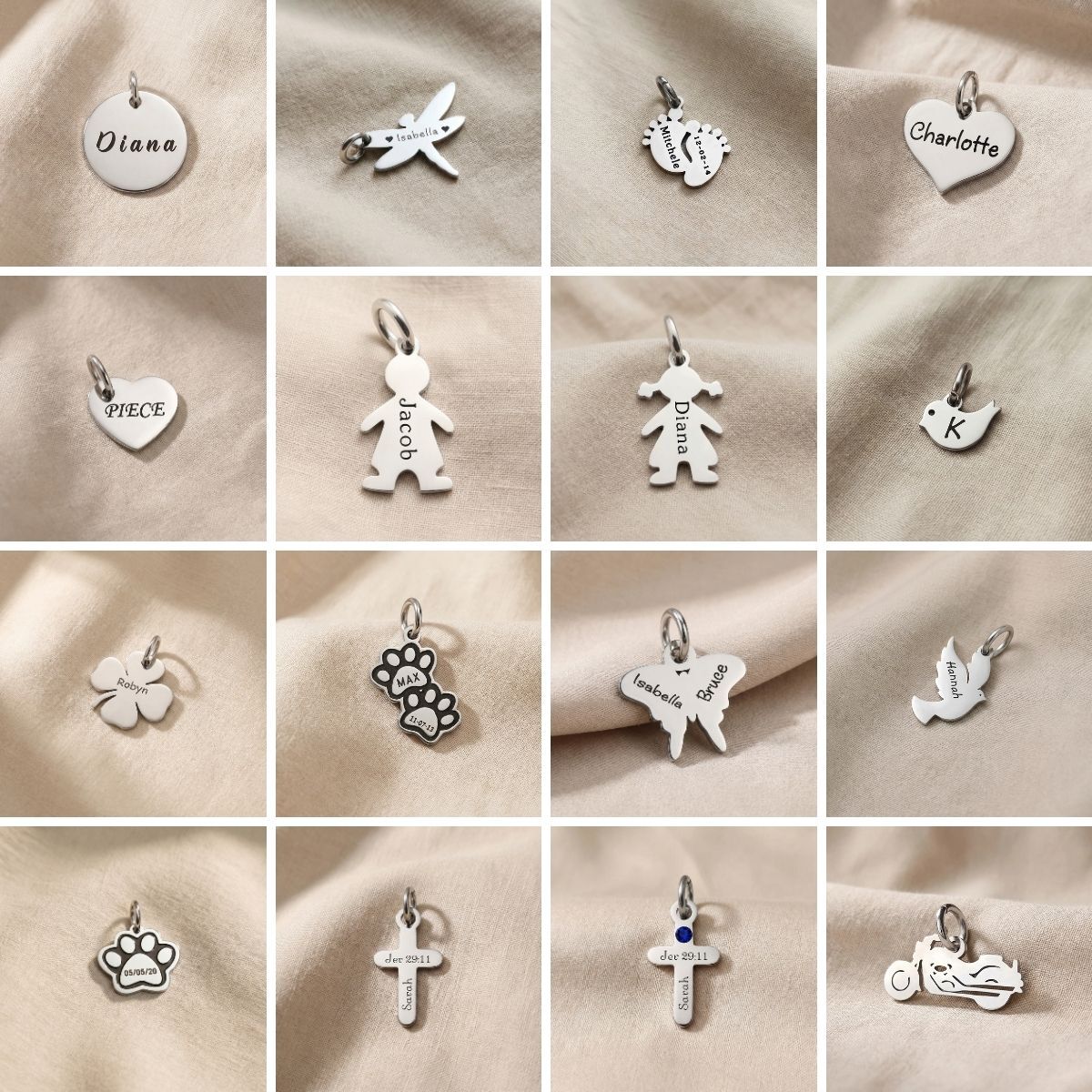 Keyring charms selection showing symbols including hearts, crosses and decorative charm designs