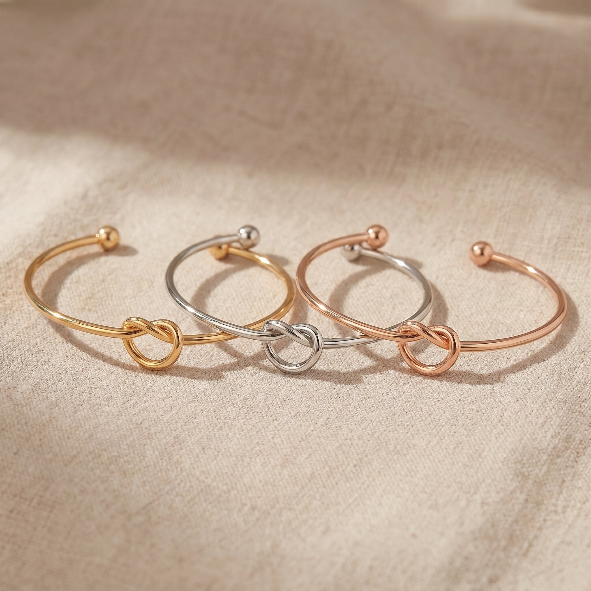 Knot bangle tone comparison showing gold, silver and rose gold symbolic bracelet finishes