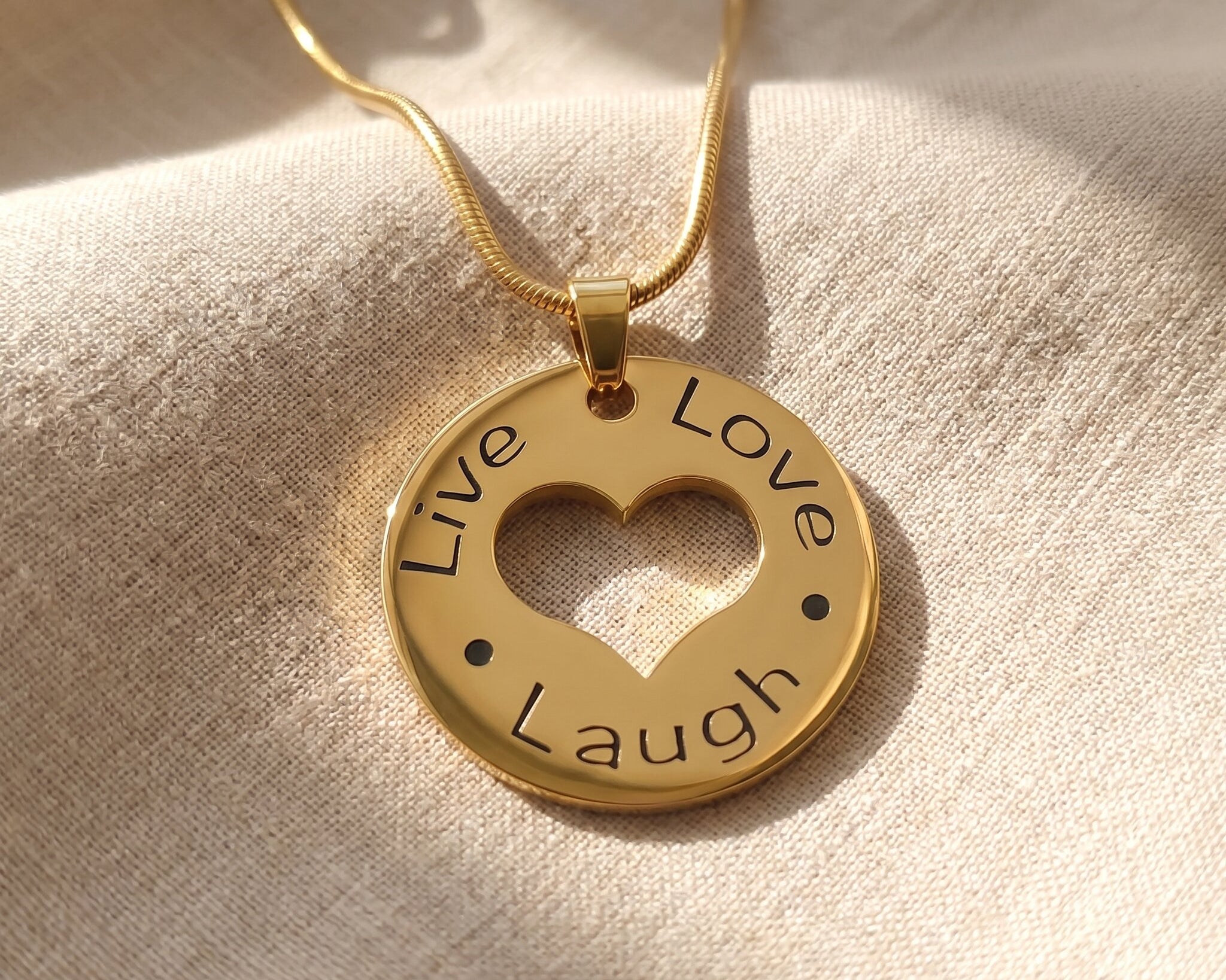 Live laugh love necklace in gold with engraved message, meaningful family keepsake jewellery gift