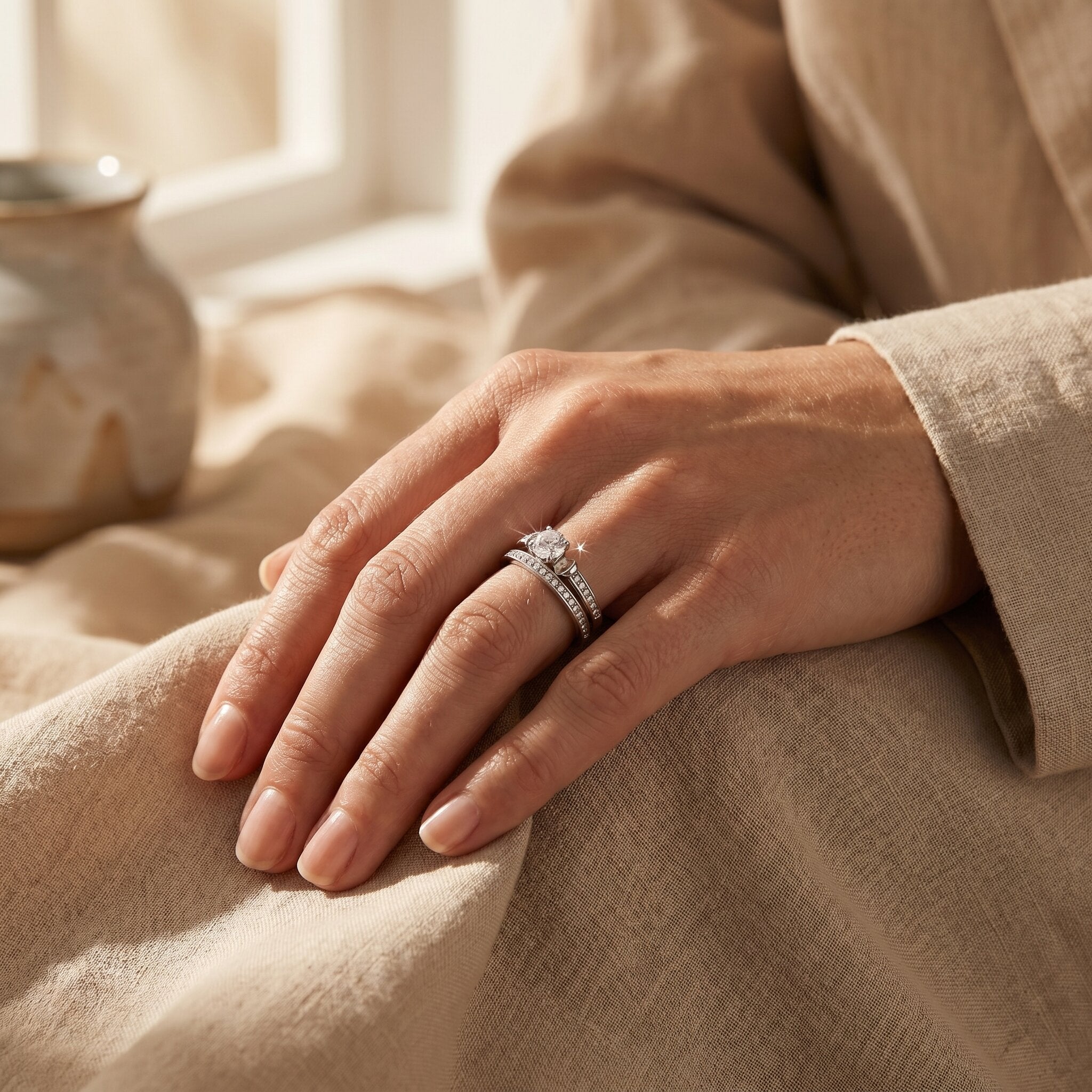 Woman wearing love crystal ring set, refined matching rings for elegant jewellery style