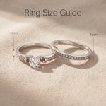 Love crystal two ring set size guide showing band width and centre stone proportions