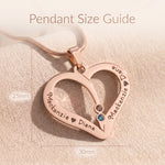 Birthstone heart necklace size guide showing pendant dimensions and gemstone placement