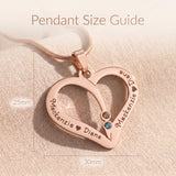 Birthstone heart necklace size guide showing pendant dimensions and gemstone placement