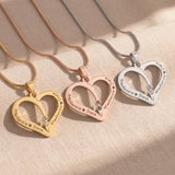 Birthstone heart necklace tone comparison showing gold, silver and rose gold family keepsake designs
