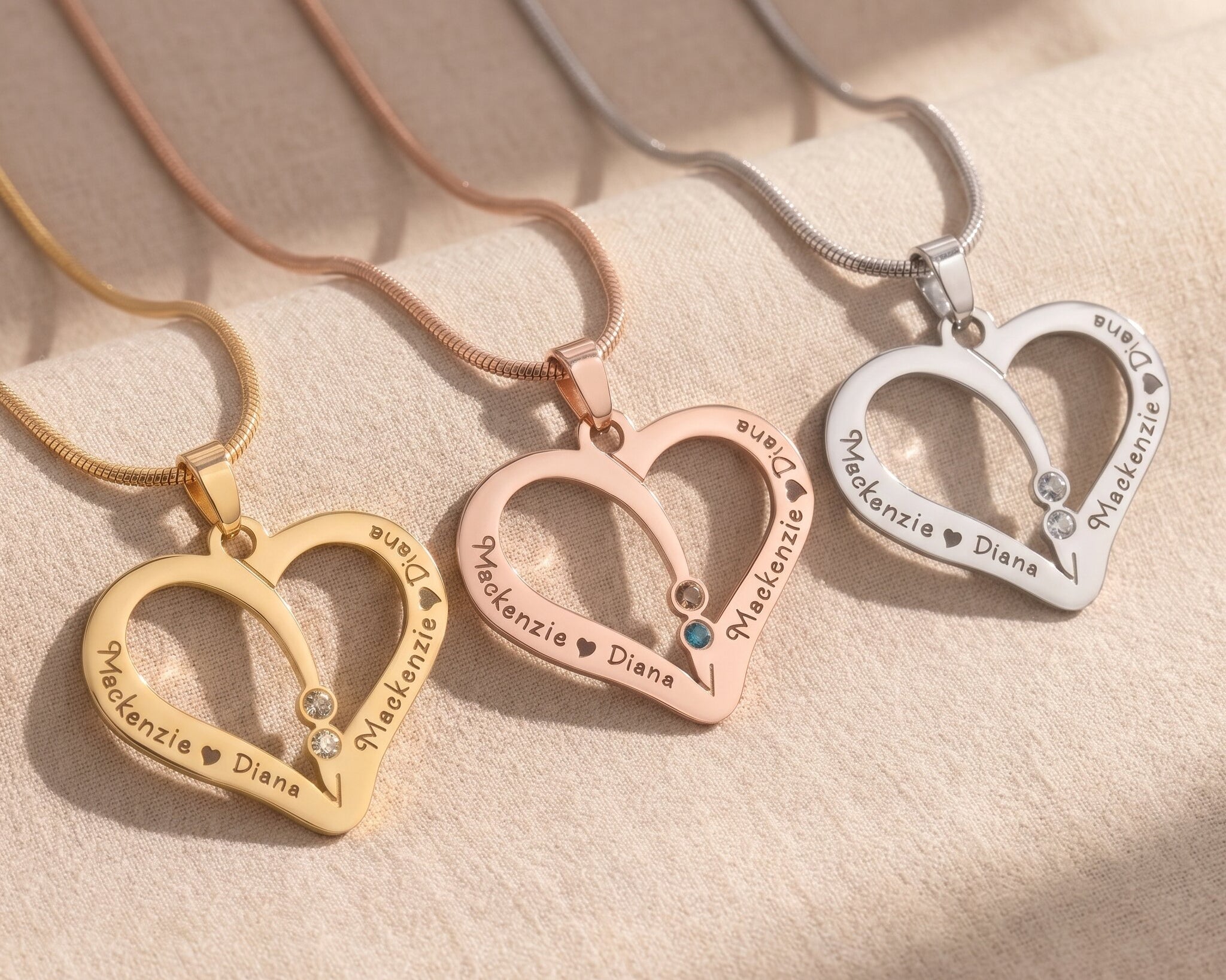 Birthstone heart necklace tone comparison showing gold, silver and rose gold family keepsake designs