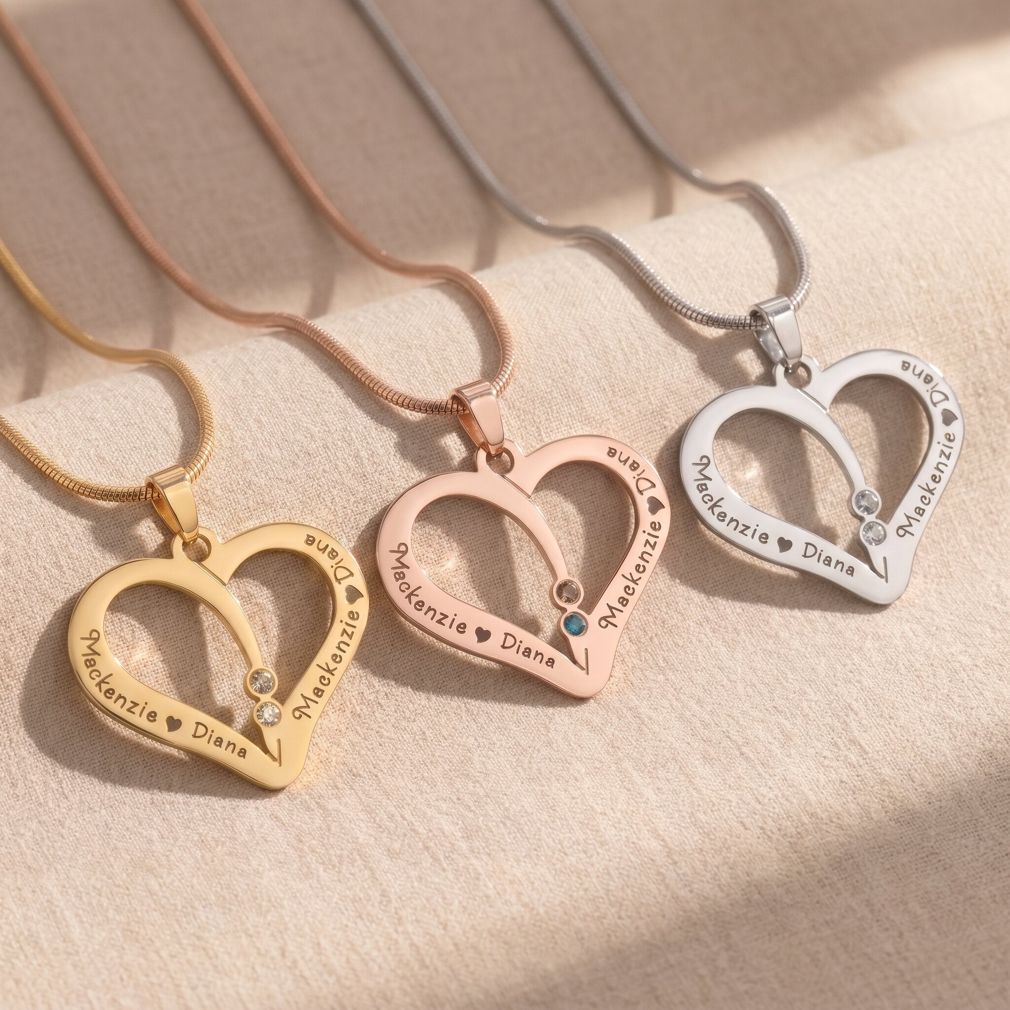Birthstone heart necklace tone comparison showing gold, silver and rose gold family keepsake designs