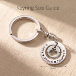 Love teach inspire keyring size guide showing pendant dimensions and keyring scale